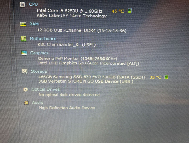 Acer Aspire 5 A515-51 Intel core i5-8250U @1.60 GHz 12 GB RAM 500 GB SATA SSD