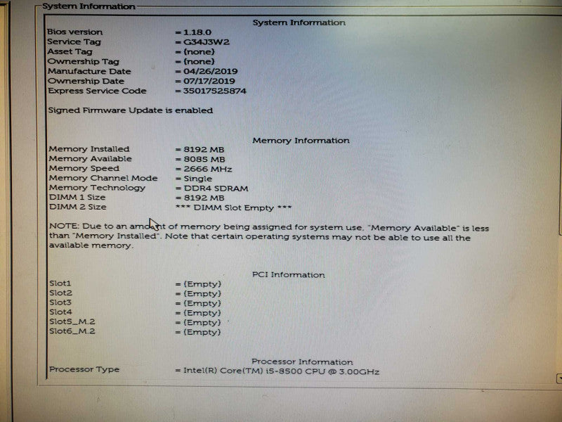 Dell OptiPlex 3060 Tower Desktop i5-8500 8GB DDR4 NO HDD @