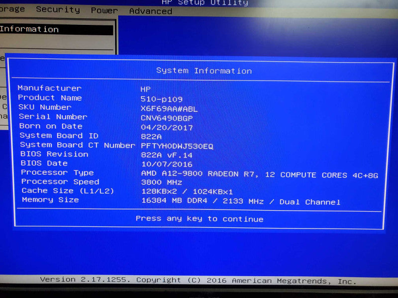 HP 510-p109 Desktop Tower A12-9800 16GB DDR4 NO HDD @