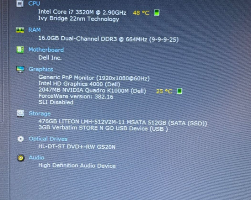 DELL PRECISION M4700 i7-3520M@2.9GHz QUADRO K1000M 2GB GPU 16GB 512SSD READ!