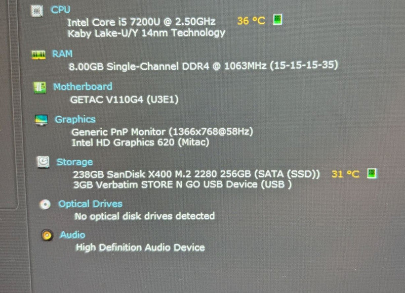 GETAC V110G4 Rugged TOUCH i5-7200U@2.5GHz 8GB RAM 256GB SSD BIOS Lock READ!