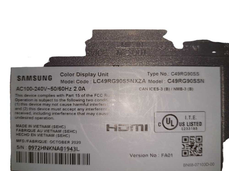 Samsung 49\\" Curved Colour Display Unit Model: C49RG90SS  =