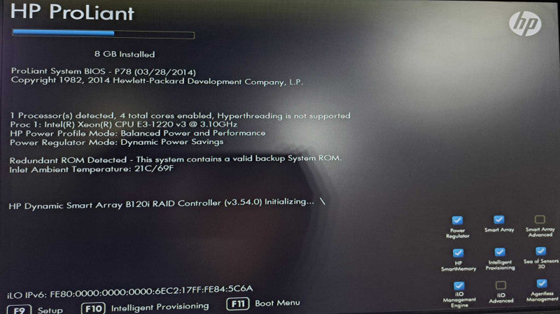 HP ML310e Gen8 v2 Tower | Xeon E3-1220 v3 @ 3.10GHz 8GB Ram B120i RAID )