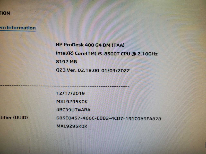 HP ProDesk 400 G4 USFF Desktop i5-8500T 8GB RAM NO HDD @