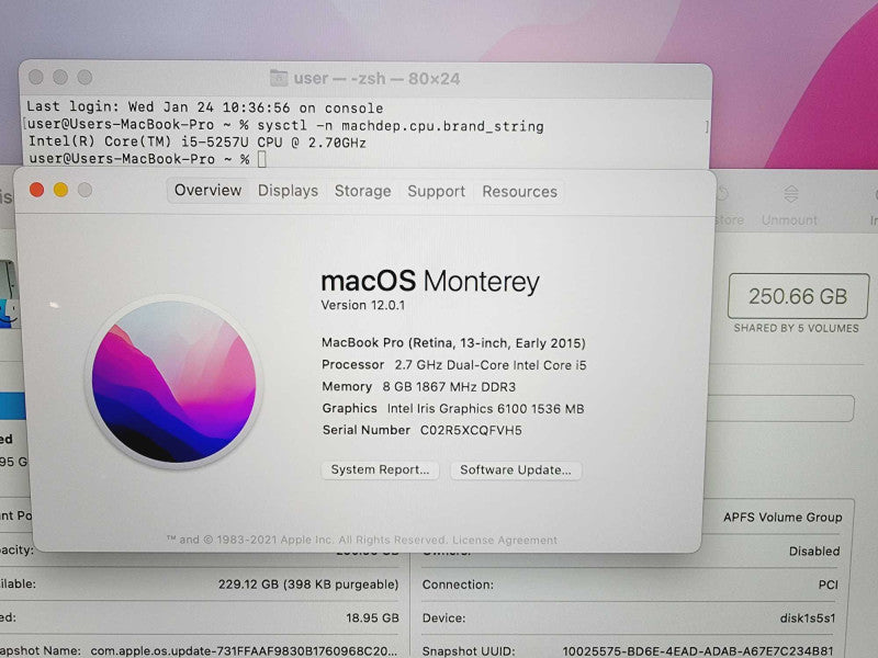 Apple Macbook Pro Retina 2015 13\\" Core i5-5257U @ 2.7GHz 8GB DDR3 250GB SSD (