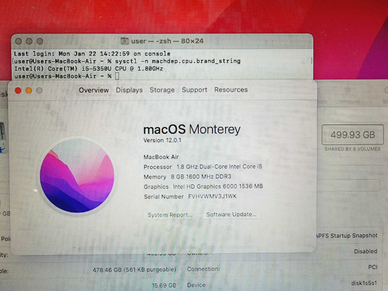 Apple Macbook Air 2017 13\\" Core i5-5350U @ 1.8GHz 8GB DDR3 500GB SSD (