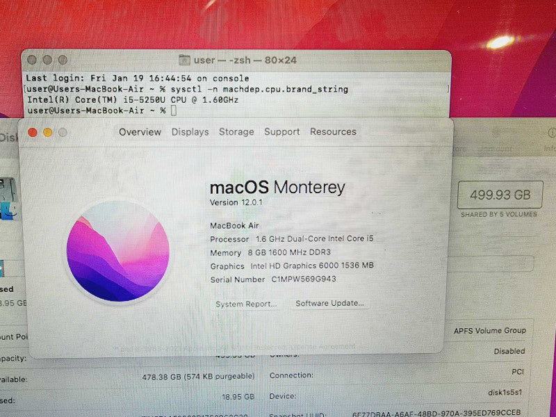Apple Macbook Air 2015 13\\" Core i5-5250U @ 1.6GHz 8GB DDR3 500GB SSD (