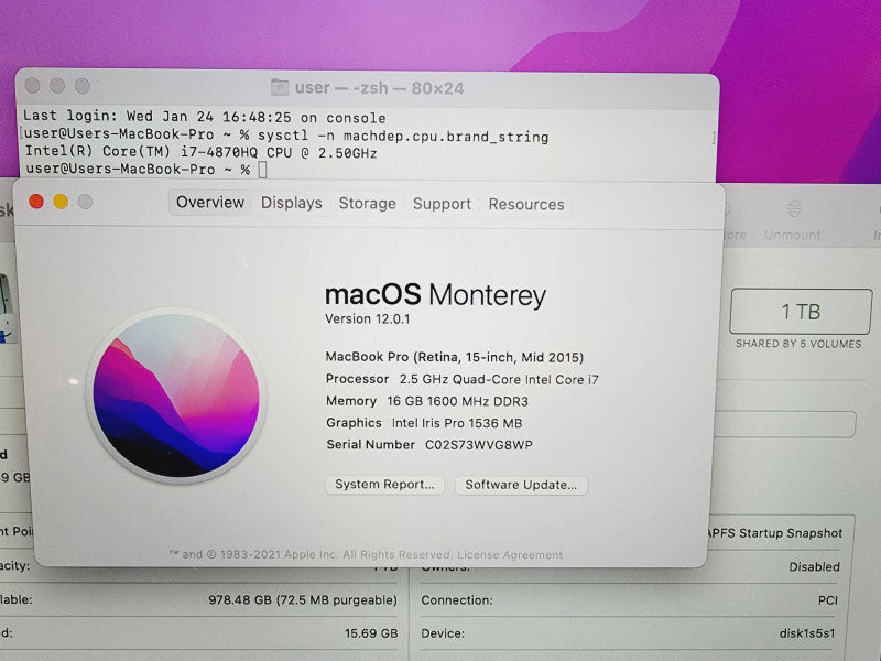 Apple Macbook Pro Retina 2015 15\\" Core 7-4870HQ @ 2.5GHz 16GB DDR3 1TB SSD Radeon R9 M370X 2GB (