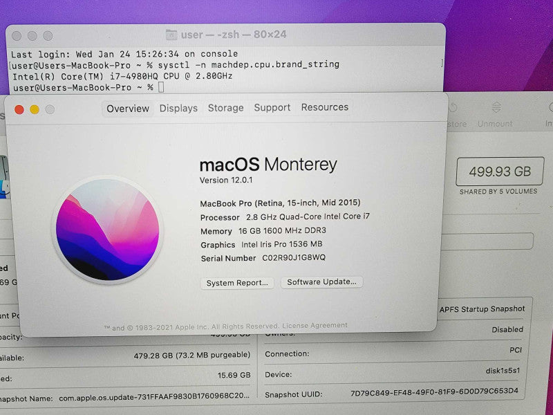 Apple Macbook Pro Retina 2015 15\\" Core i7-4980HQ @ 2.8GHz 16GB DDR3 500GB SSD Radeon R9 M370x 2GB [Read] (