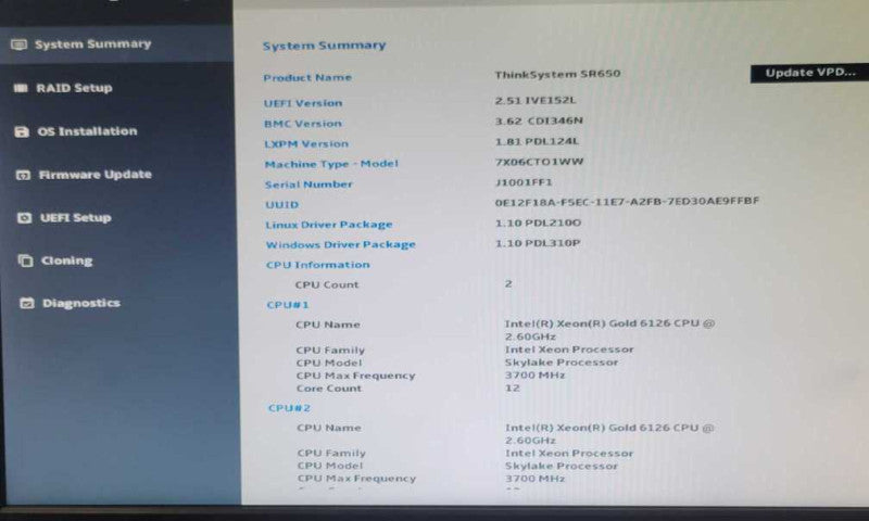 Lenovo ThinkSystem SR650 2x Gold 6126 2.6GHz 12C, 32GB DDR4, 2x PSU, READ _