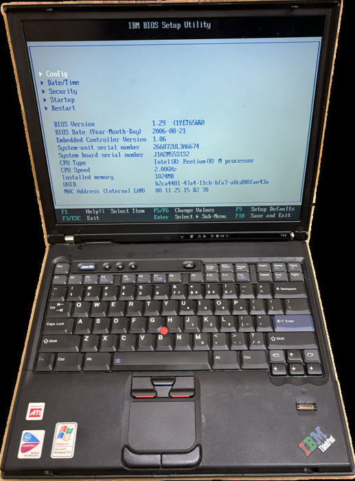 IBM ThinkPad T43 Vintage Laptop Pentium M@2GHz 1GB RAM No HDD No OS Installed