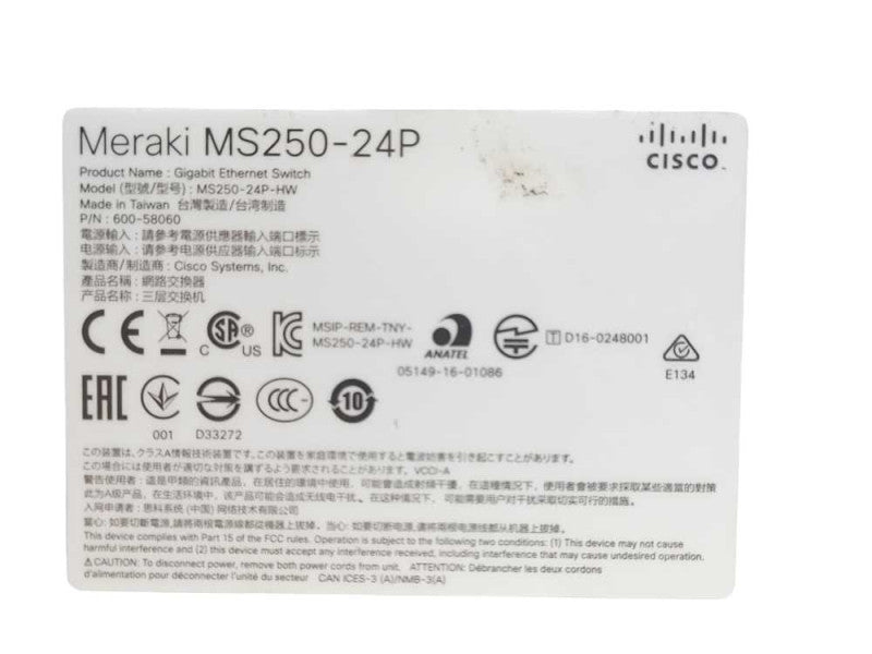 Cisco Meraki MS250-24P-HW Cloud Managed Ethernet Switch w/ 1 PSU, CLAIMED _