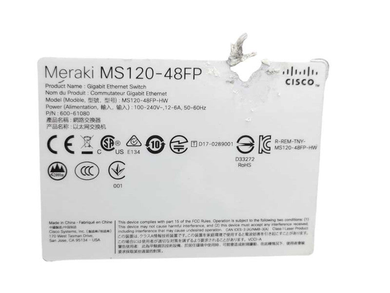CISCO MS120-48FP-HW MERAKI CLOUD MANAGED SWITCH, CLAIMED _