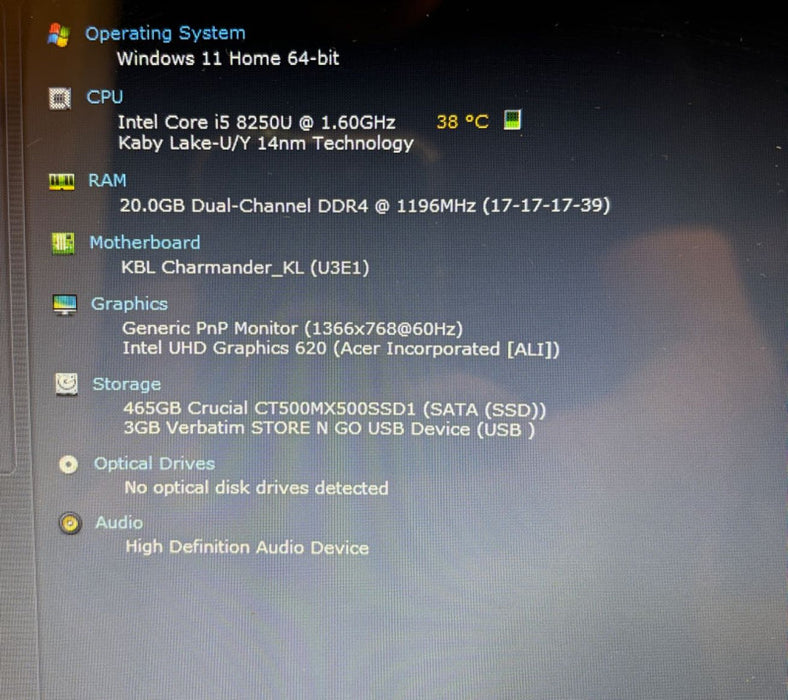 Acer Aspire A515-51 Intel Core i5-8250U@1.6GHz 20GB RAM 512GB SATA SSD