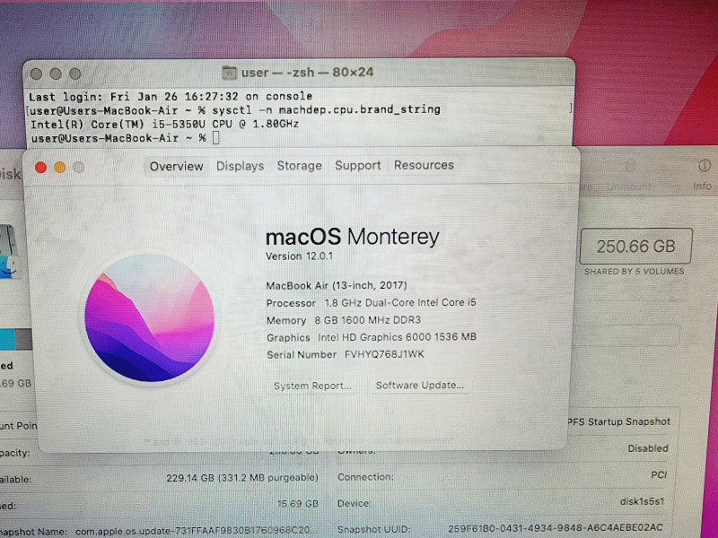 Apple Macbook Air 2017 13\\" Core i5-5350U @ 1.8GHz 8GB DDR3 250GB SSD [Read] (