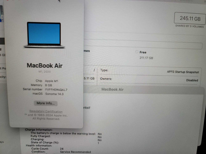 MacBook Air A2337 2020 | M1 | 8GB | 256GB |Battery Service Recommended  Î²