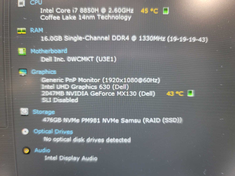 Dell Latitude 5491| i7-8850H| 16GB DDR4| GeForce MX130| 512GB| FOR PARTS Î²