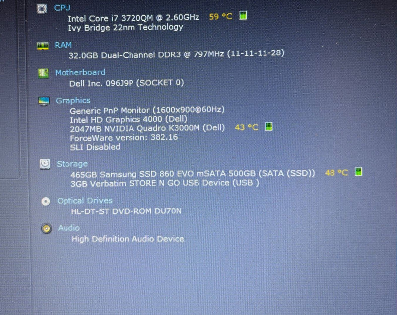 DELL PRECISION M6700 i7-3720QM@2.6Gh QUADRO K3000M 2GB GPU 32GB 500 mSATA SSD
