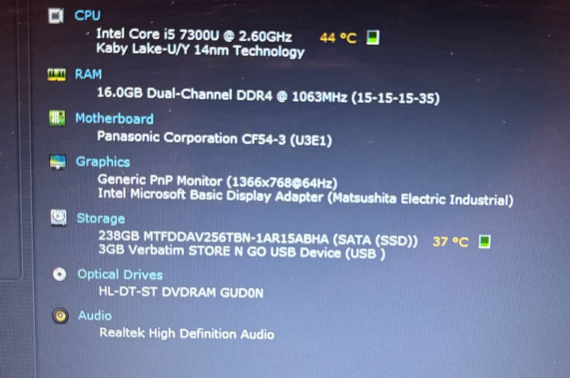 Panasonic TOUGHBOOK CF-54 Intel Core i5-7300U@2.6GHz 16GB DDR4 RAM 256GB SSD
