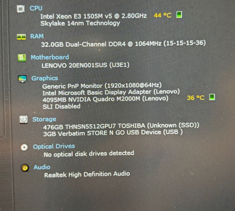 Lenovo ThinkPad P50 XEON E3-1505M v5@2.8GHz QUADRO M2000M 4GB GPU 32GB 512SSD