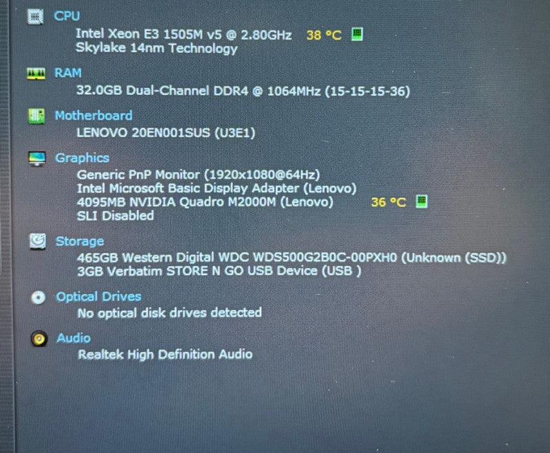 Lenovo ThinkPad P50 XEON E3-1505M v5@2.8GHz QUADRO M2000M 4GB GPU 32GB 500SSD