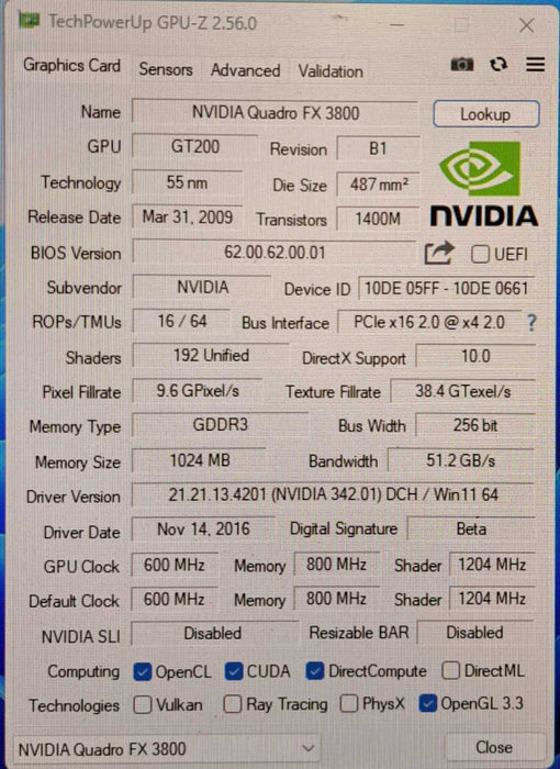 NVIDIA Quadro FX3800 | 1GB GDDR3 | 2x DisplayPort 1x DVI | Graphics Card )