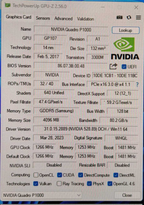 Nvidia Quadro P1000 4GB GDDR5 | 4x Mini-DP Graphics Card | Low Profile )