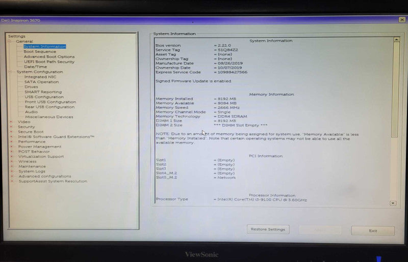 Dell Inspiron 3670, Intel Core i3-9100 CPU@ 3.6GHz, 8GB RAM, No HDD _