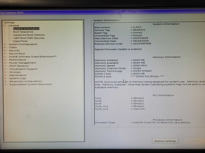 Dell Inspiron 3670 Core i5-8400 2.8GHz, 8GB RAM, No HDD _