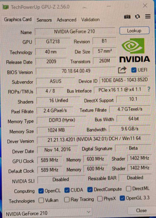 ASUS NVIDIA GeForce 210 (EN210) 1GB DDR3 PCIe Silent Video Card  Q)