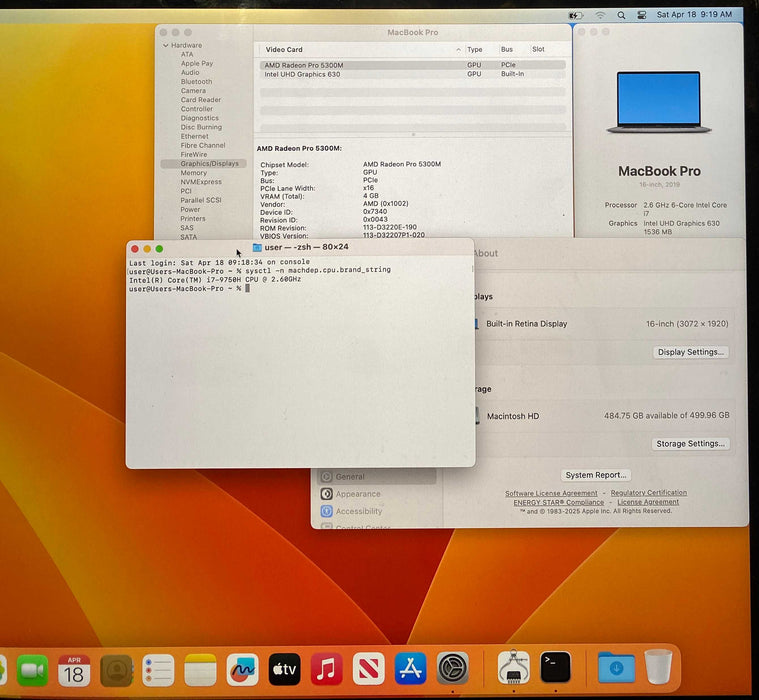 Apple MacBook Pro 16 2019 i7-9750H Radeon Pro 5300M 16GB RAM 512GB SSD READ