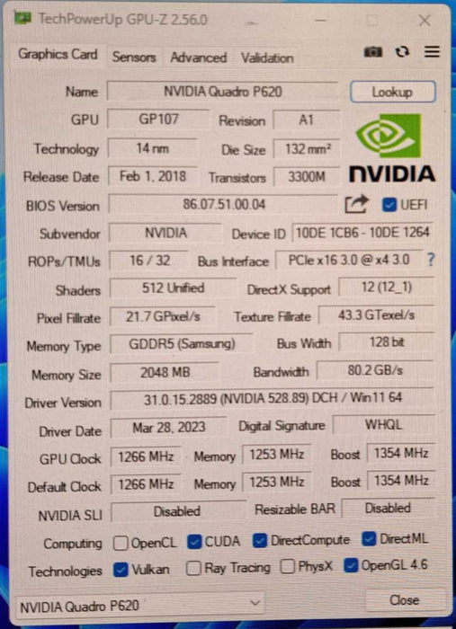 PNY NVIDIA Quadro P620 | 2GB DDR5 PCI-E 3.0 GPU | 4x MiniDP | Low Profile )