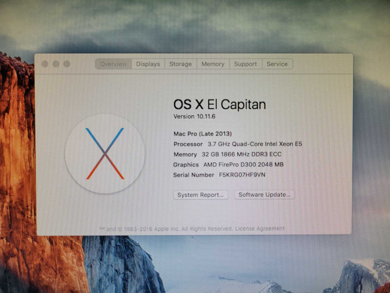 Mac Pro L-2013 Xeon E5-1620 v2 32GB 250GB SSD FirePro D300 2GB, OS X EI Capit _