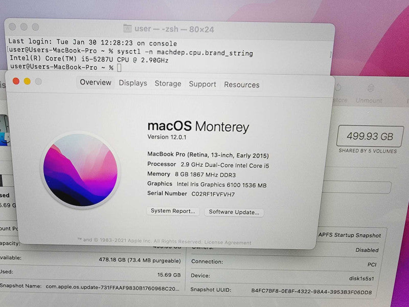 Apple Macbook Pro Retina 2015 13\\" Core i5-5287U @ 2.9GHz 8GB DDR3 500GB SSD [Read] (