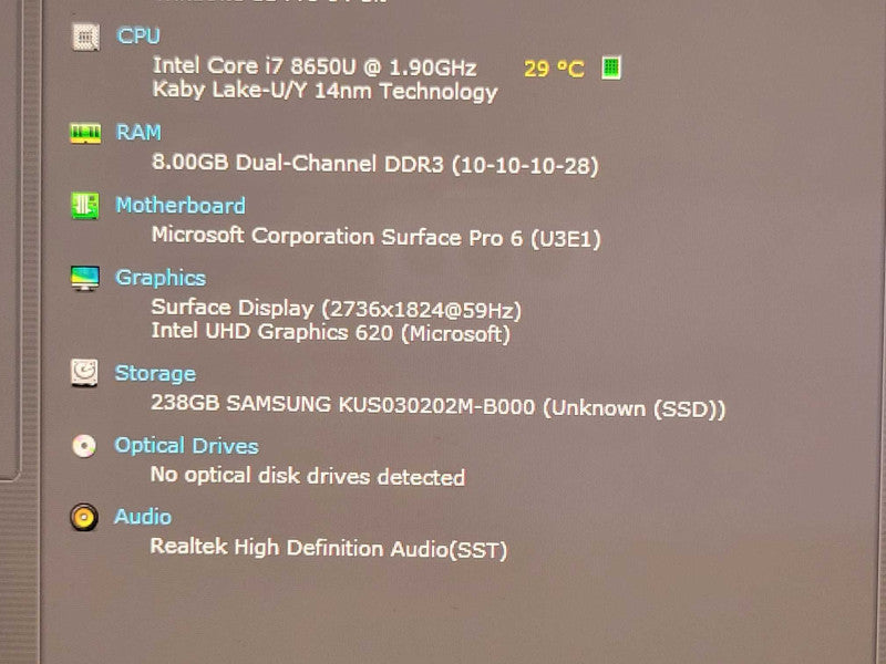Microsoft Surface Pro 6 1796 Core I7-8650U 1.9GHz, 8GB RAM 256GB SSD w/ Power _