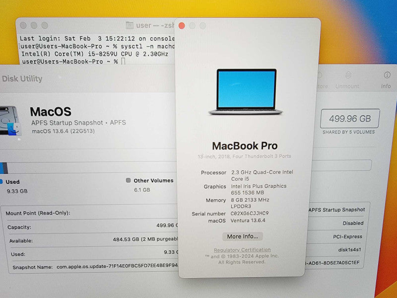 Apple Macbook Pro 2018 13\\" Core i5-8259U @ 2.6GHz 8GB DDR3 500GB SSD (