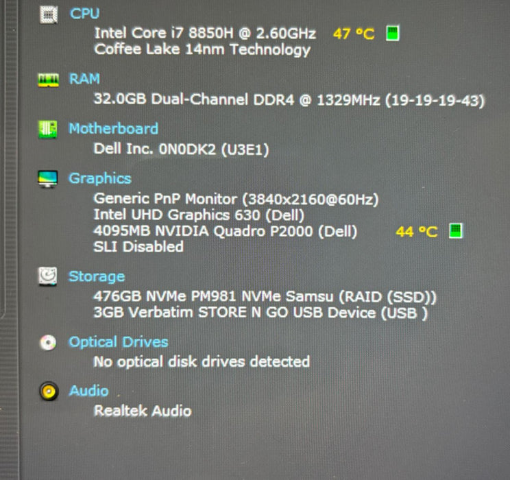 DELL PRECISION 5530 4K TOUCH i7-8850H@2.6 QUADRO P2000 4GB 32GB 512SSD READ!