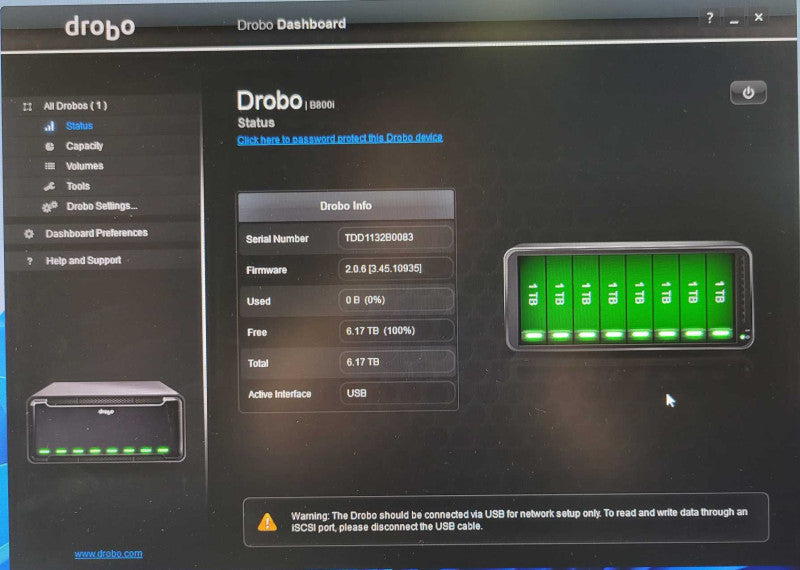 Data Robotics Drobo B800i 8-Bay, 2x iSCSI USB Type B NAS/DAS, 8x 1TB HDDs _
