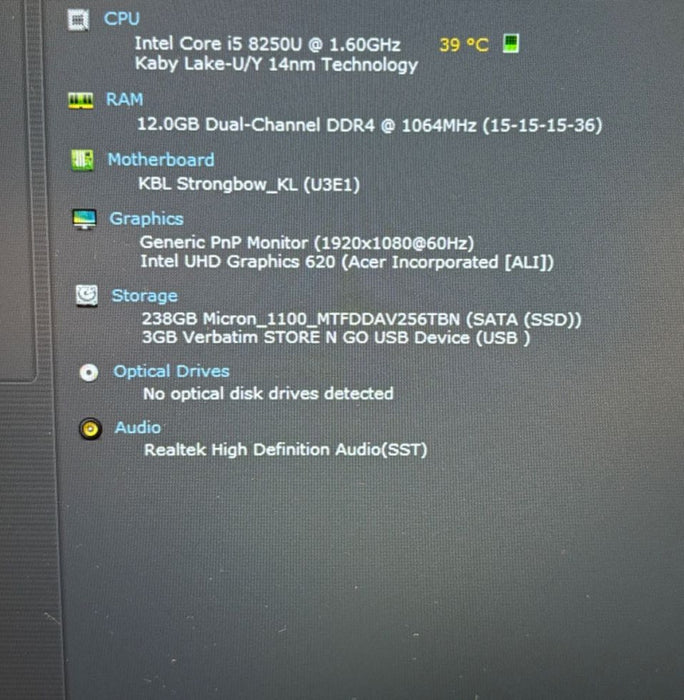 Acer SWIFT 3 SF314-54 Intel Core i5-8250U@1.6GHz 12 GB RAM 256 GB SSD