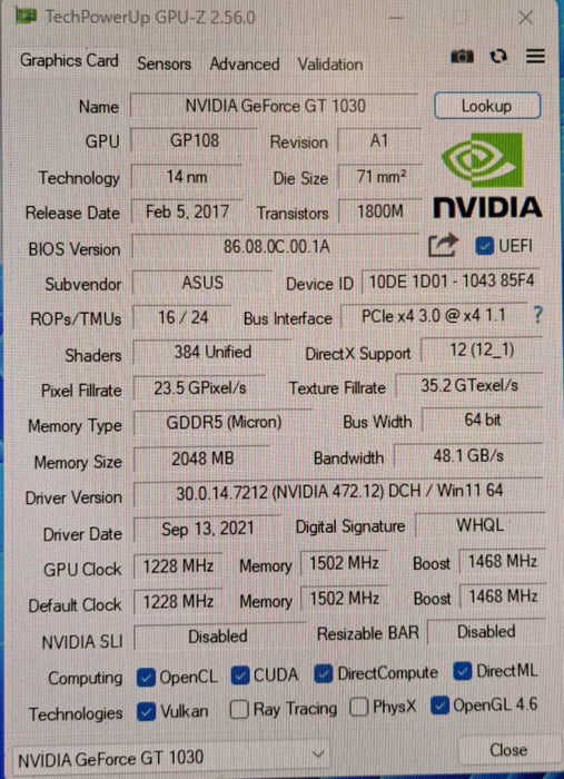 Asus GeForce GT 1030 2GB GDDR5 Graphics Card | HDMI DVI | GT1030-2G-CSM )