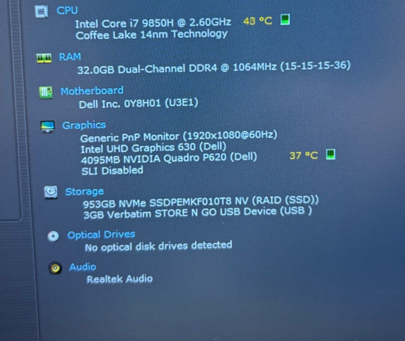 DELL PRECISION 3541 i7-9850H@2.6GHz QUADRO P620 4GB GPU 32GB RAM 1TB SSD