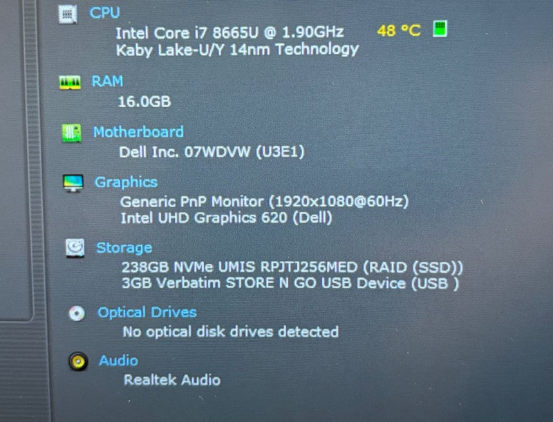 DELL LATITUDE 7400 Intel core i7-8665U@1.9GHz 16 GB RAM 256GB SSD