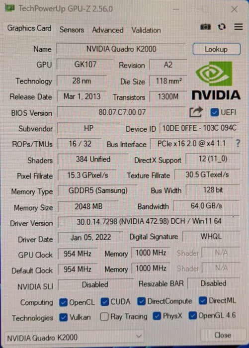 NVIDIA Quadro K2000 2GB GDDR5 Graphics Card | DVI 2x DP  )