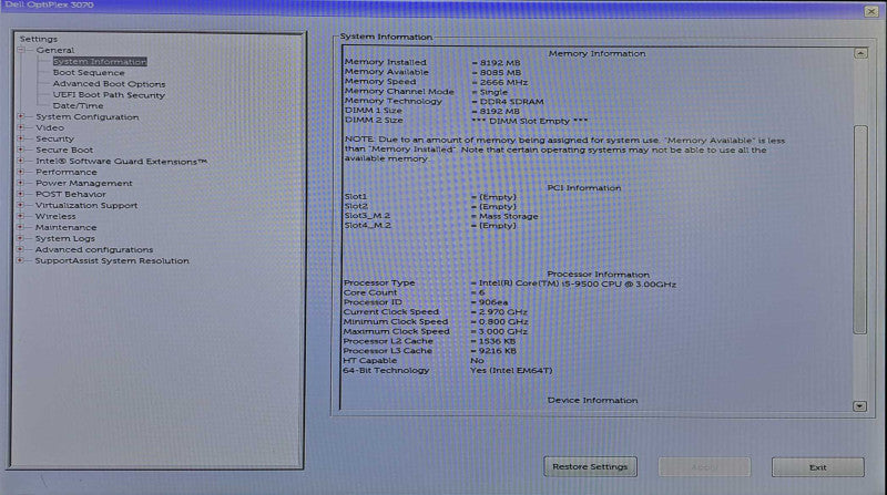 Dell OptiPlex 3070 SFF Desktop | i5-9500 @ 3.00GHz 8GB DDR4 256GB M.2 )