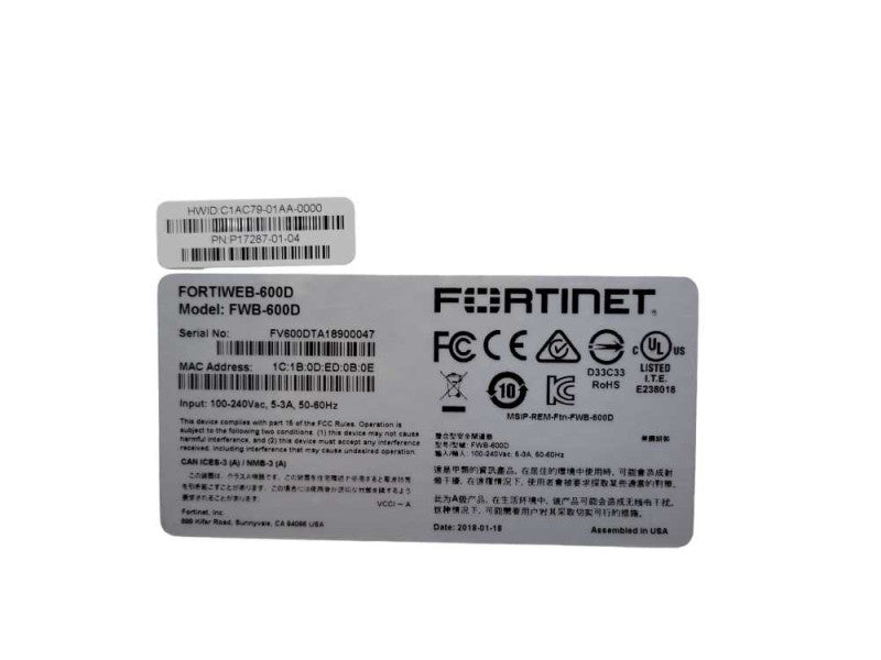 Fortinet FORTIWEB-600 Firewall FG-600D, 2x PSU, w/ Rack Ears, READ _