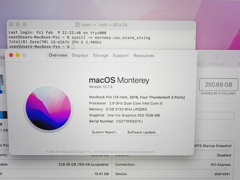 Apple Macbook Pro 2016 13\\" Core i5-6267U @ 2.9GHz 8GB DDR3 250GB SSD (