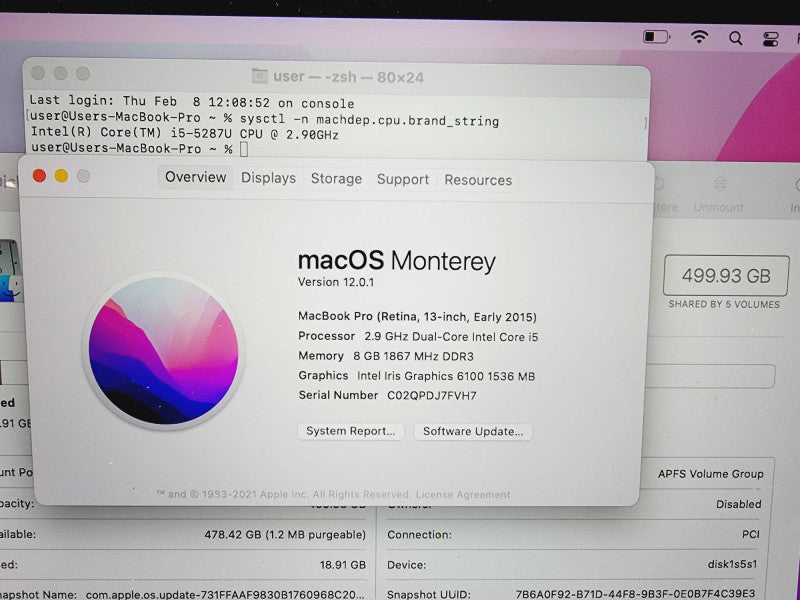 Apple Macbook Pro 2015 13\\" Core i5-5287U @ 2.9GHz 8GB DDR3 500GB SSD (