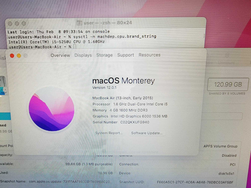 Apple Macbook Air 2015 13\\" Core i5-5250U @ 1.6GHz 4GB DDR3 120GB SSD [Read] (