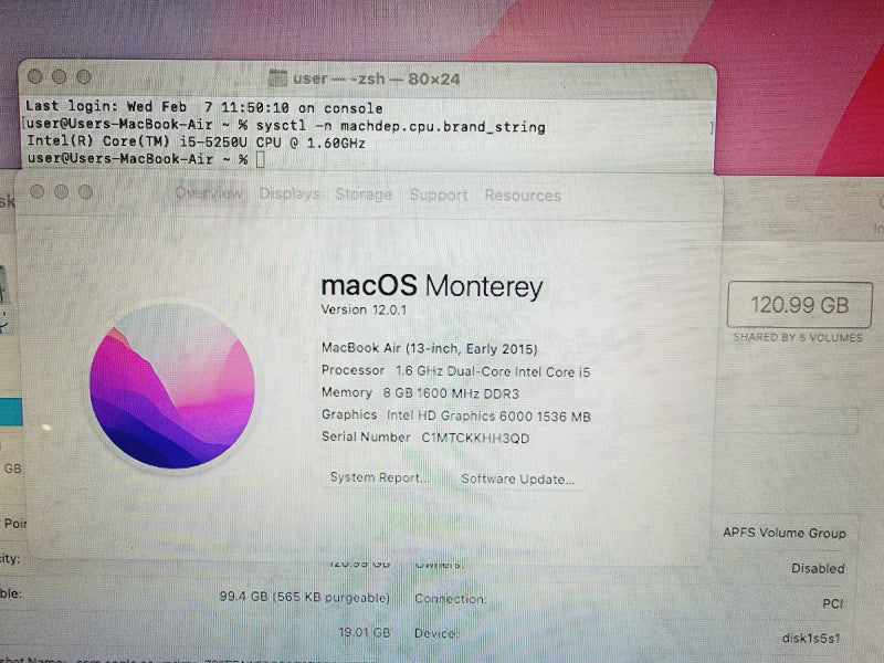 Apple Macbook Air 2015 13\\" Core i5-5250U @ 1.6GHz 8GB DDR3 120GB SSD (
