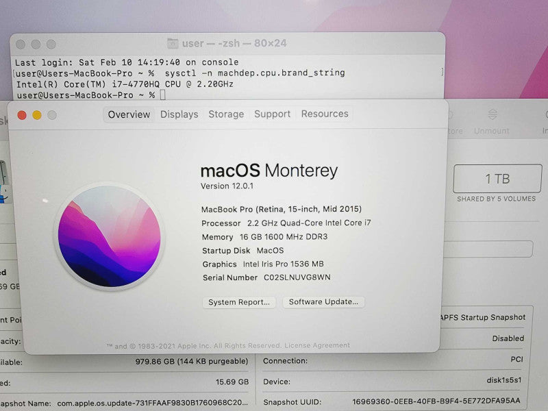 Apple Macbook Pro 2015 15\\" Core i7-4770HQ @ 2.2GHz 16GB DDR3 1TB SSD (